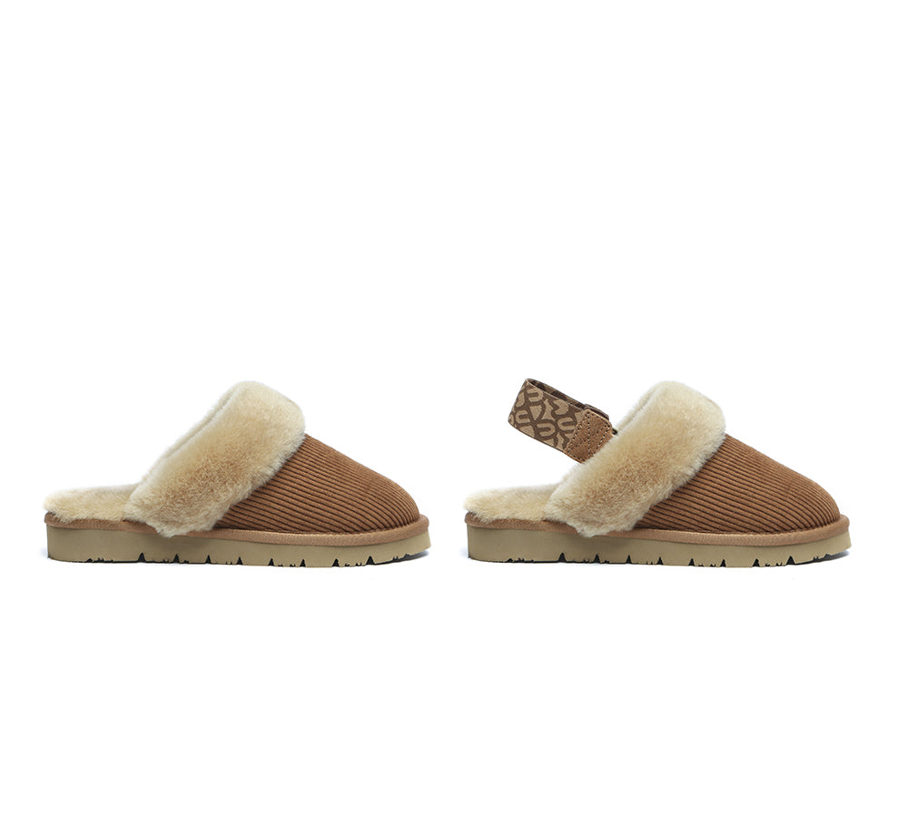 EVERAU® UGG Women Sheepskin Wool Removable Strap Slingback Slippers Corduroy