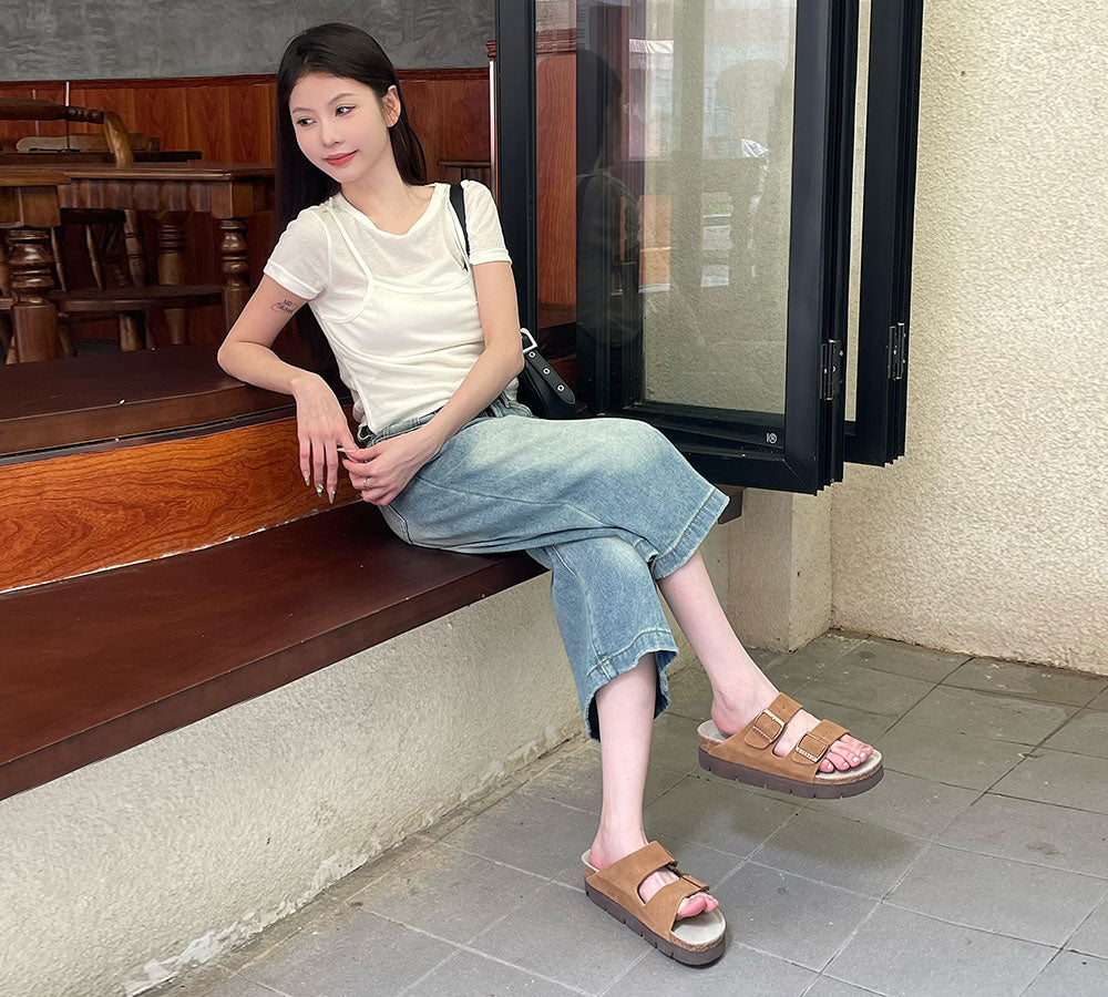 EVERAU® Adjustable Strap Embossed Slip-on Platform Summer Sandal Slides