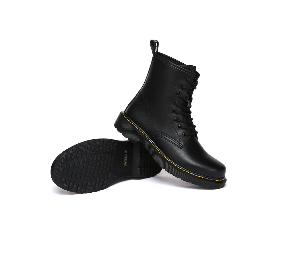 EVERAU® Women Leather Lace Up Black Chunky Boots Simona