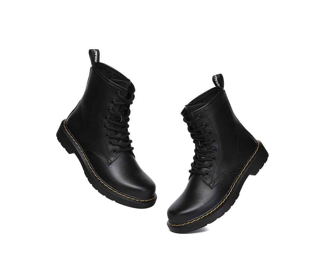 EVERAU® Women Leather Lace Up Black Chunky Boots Simona