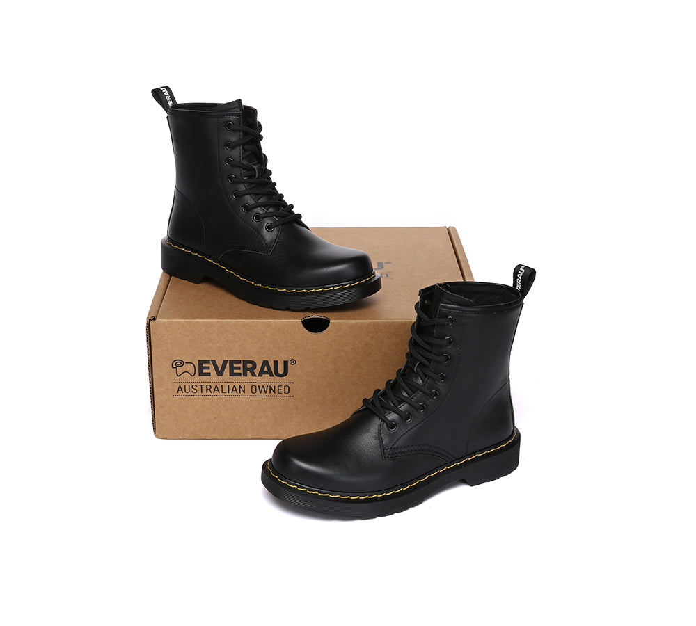 EVERAU® Women Leather Lace Up Black Chunky Boots Simona