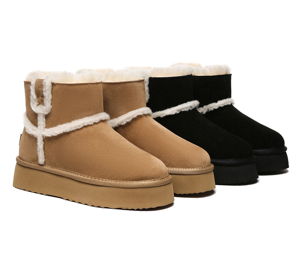 EVERAU® UGG Women Sheepskin Wool Shearling Lined Ankle Boots Schunck Platform