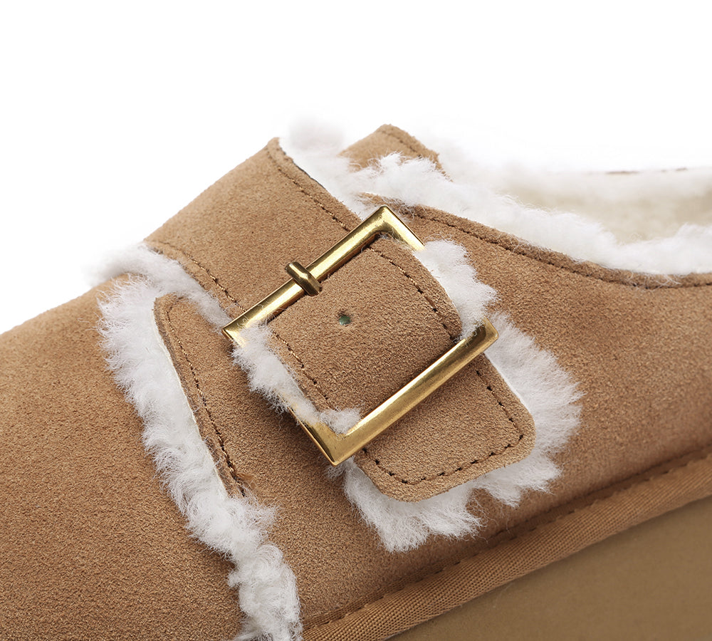 EVERAU® UGG Sheepskin Wool Adjustable Buckle Ankle Platform Slippers Tobias