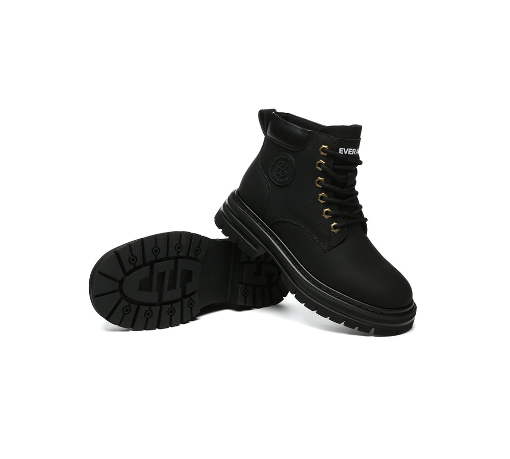 EVERAU® UGG Boots Women Leather Sheepskin Wool Lace Up Chunky Aubrey