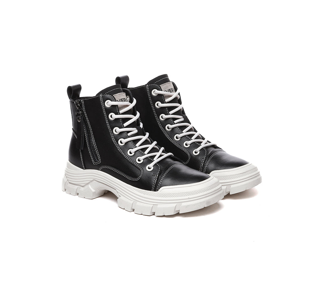 EVERAU® Women Leather Lace Up Zipper Chunky Boots Lorrin