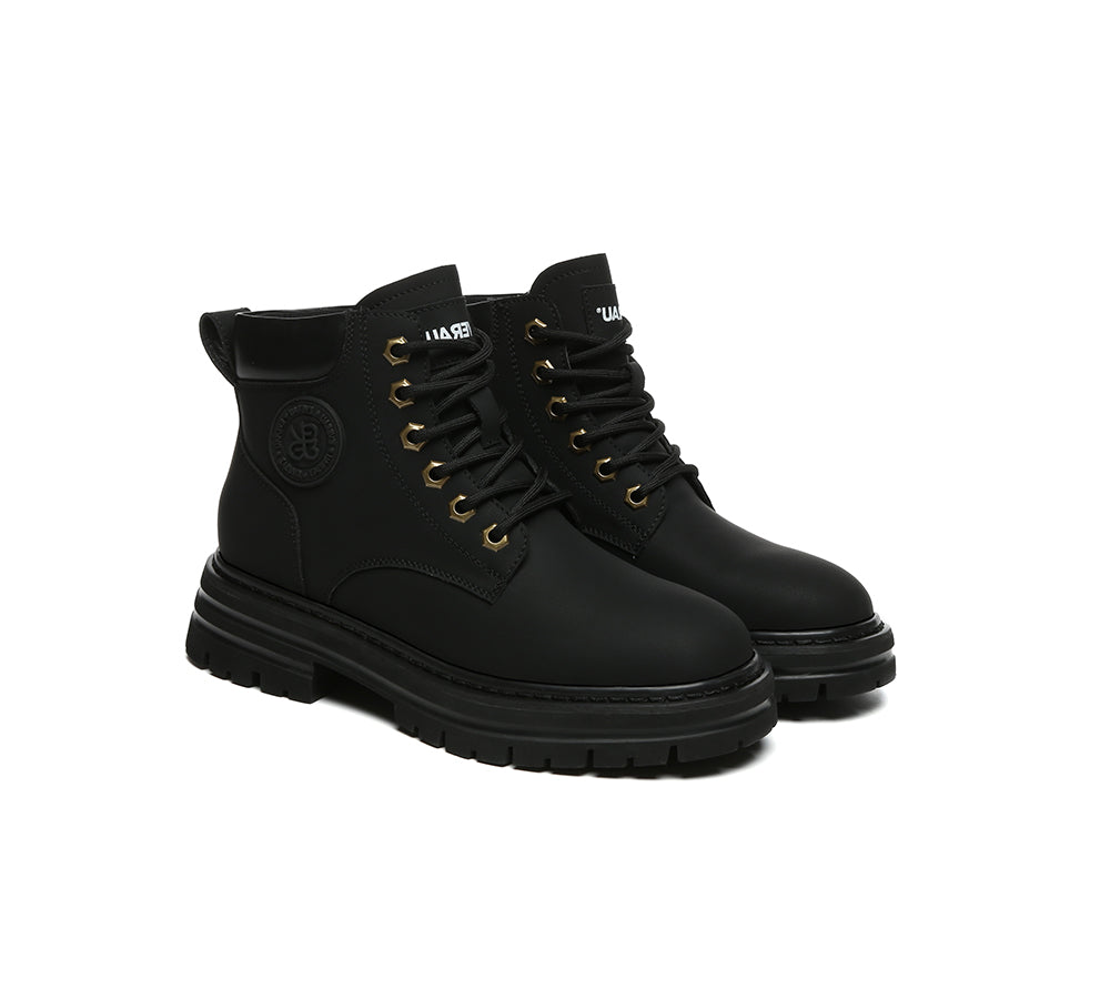 EVERAU® UGG Boots Women Leather Sheepskin Wool Lace Up Chunky Aubrey