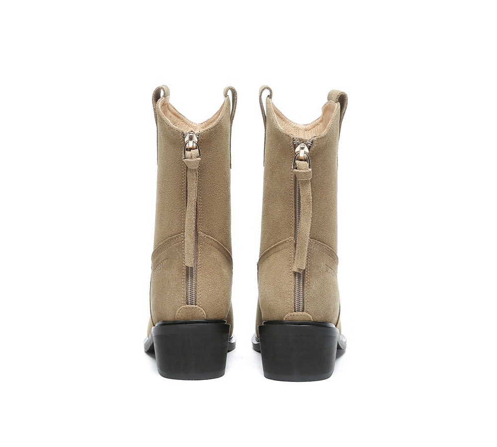 EVERAU® Women Leather Zipper Pointed Toe Block Heel Boots Lewis
