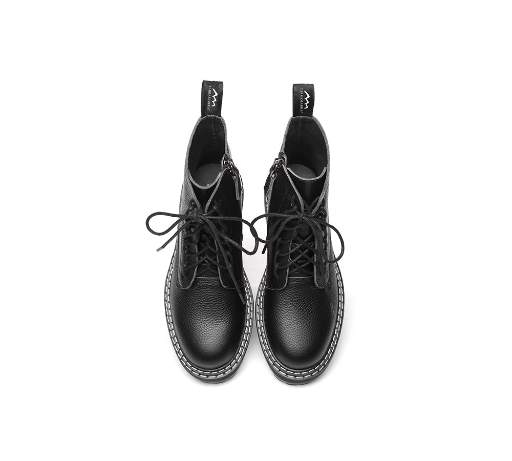 Leather Boots - Zipper Chunky Black Leather Boots Women Leona