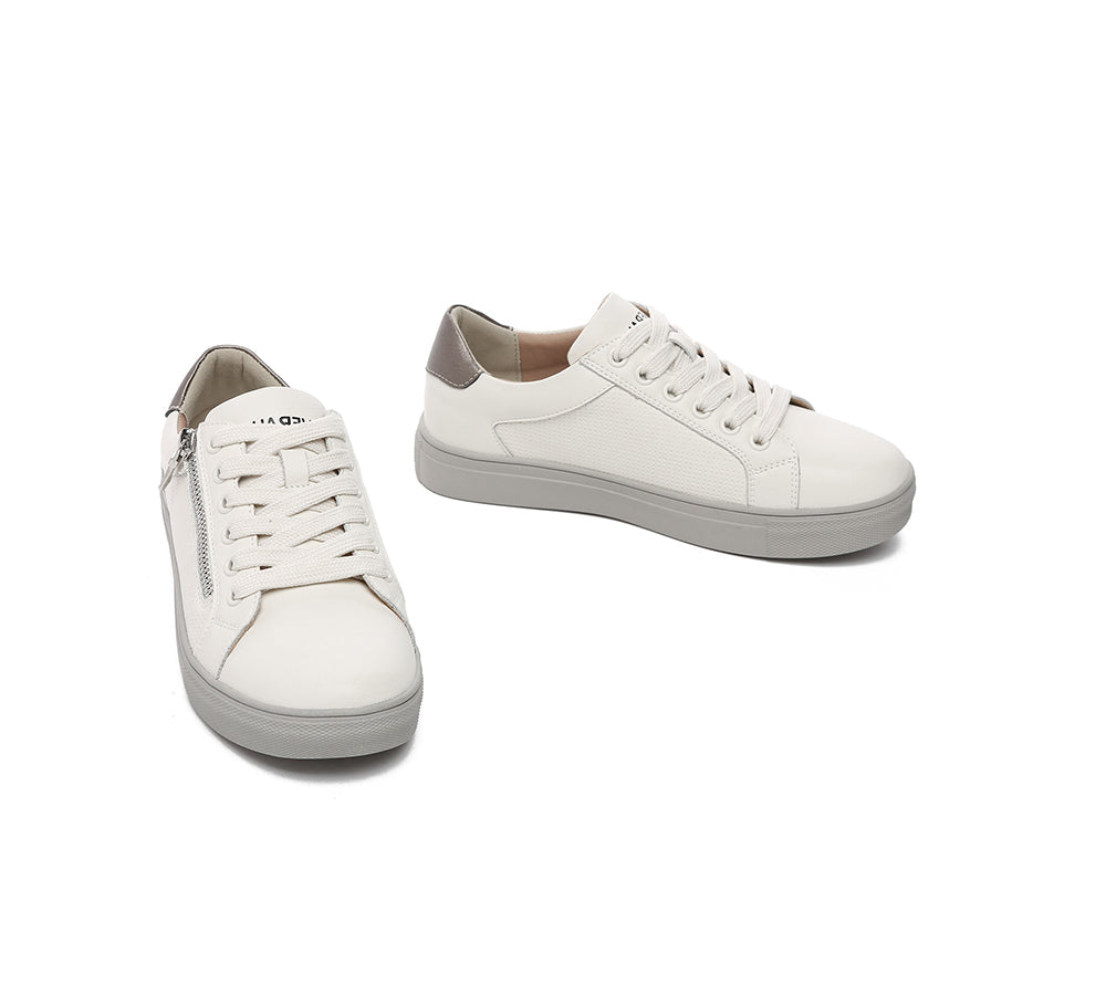 Sneakers - EVERAU® Women Leather Zip Decor Low-top White Sneakers Chloe
