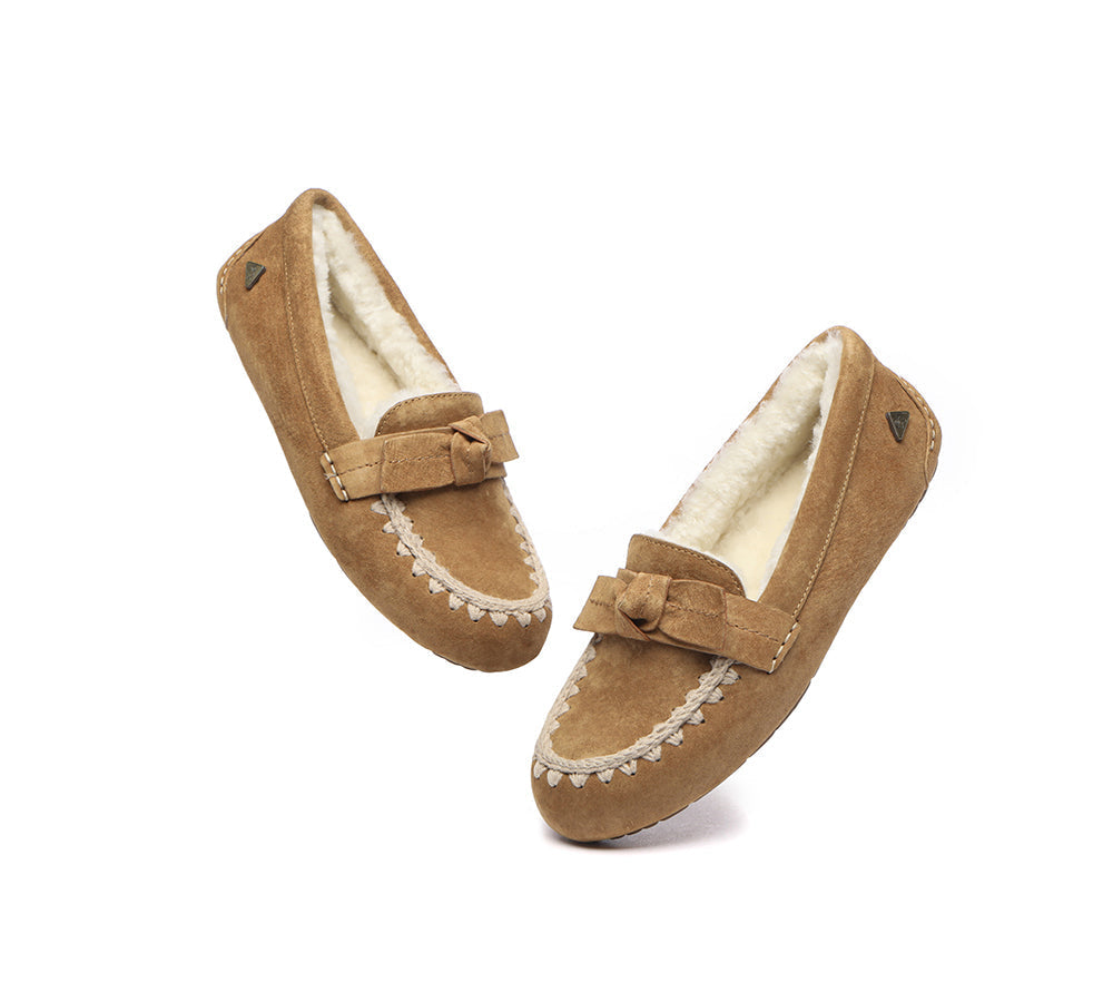 EVERAU® UGG Women Sheepskin Wool Bow Ankle Slippers Woven Moccasins