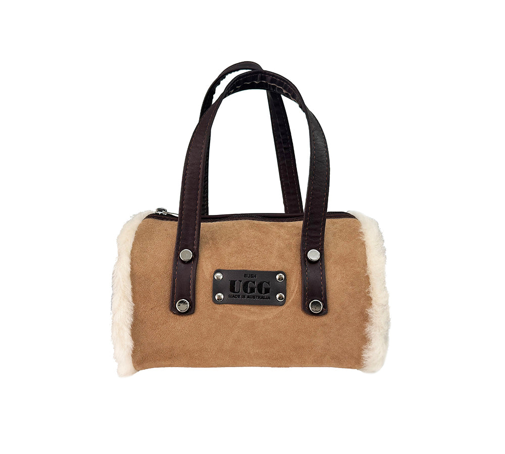 Women Sheepskin Wool Small Hand Carry Zip Barrell Bag