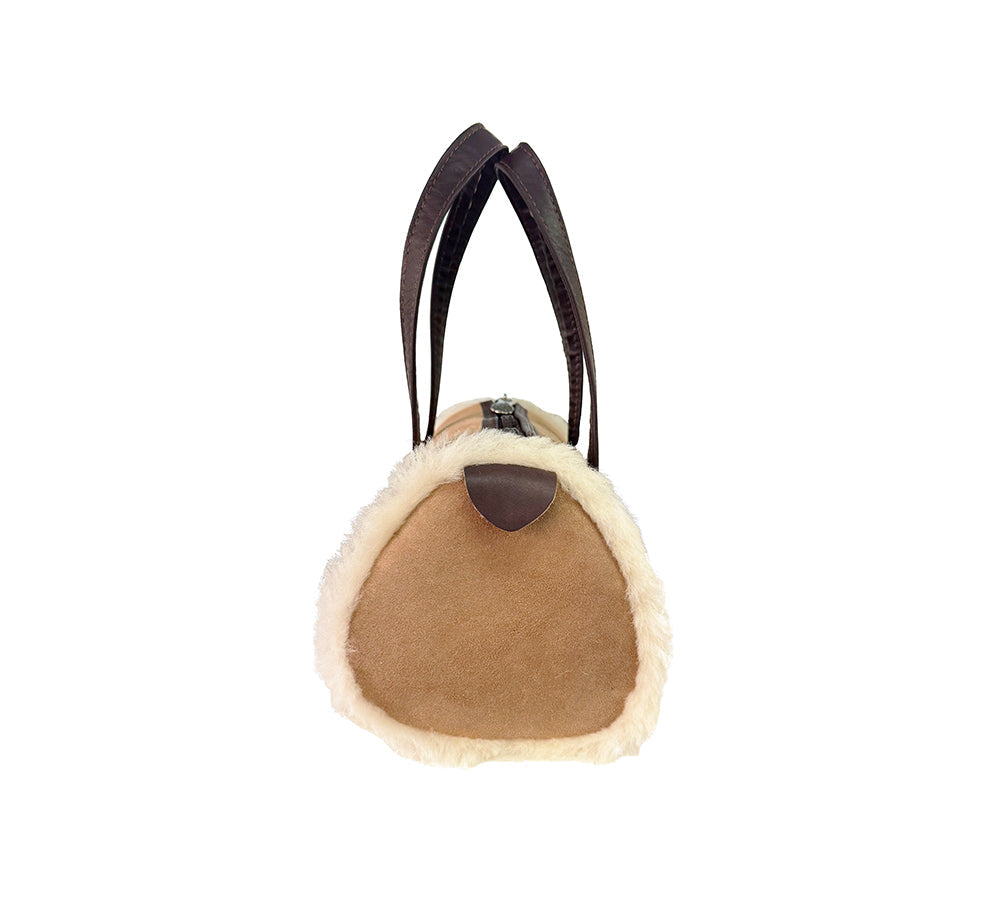 Women Sheepskin Wool Small Hand Carry Zip Barrell Bag