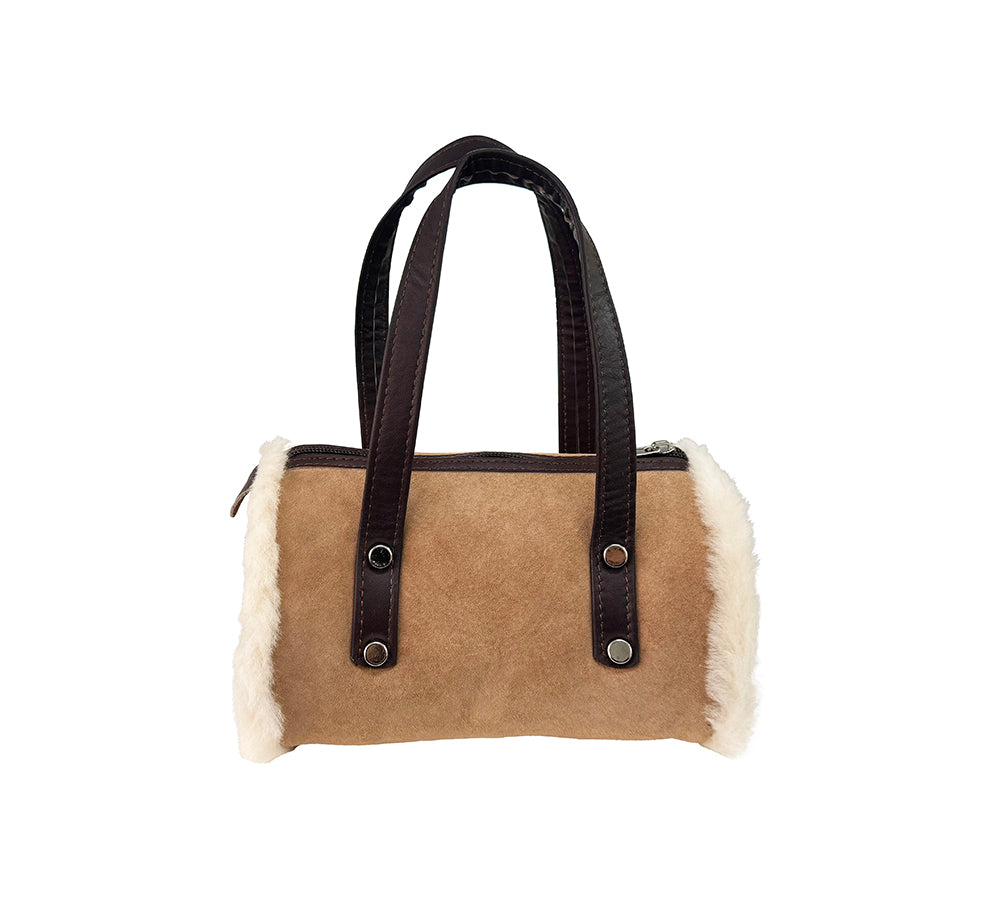 Women Sheepskin Wool Small Hand Carry Zip Barrell Bag