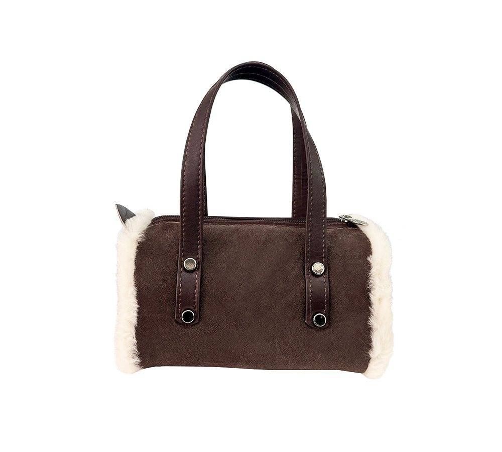 Women Sheepskin Wool Small Hand Carry Zip Barrell Bag