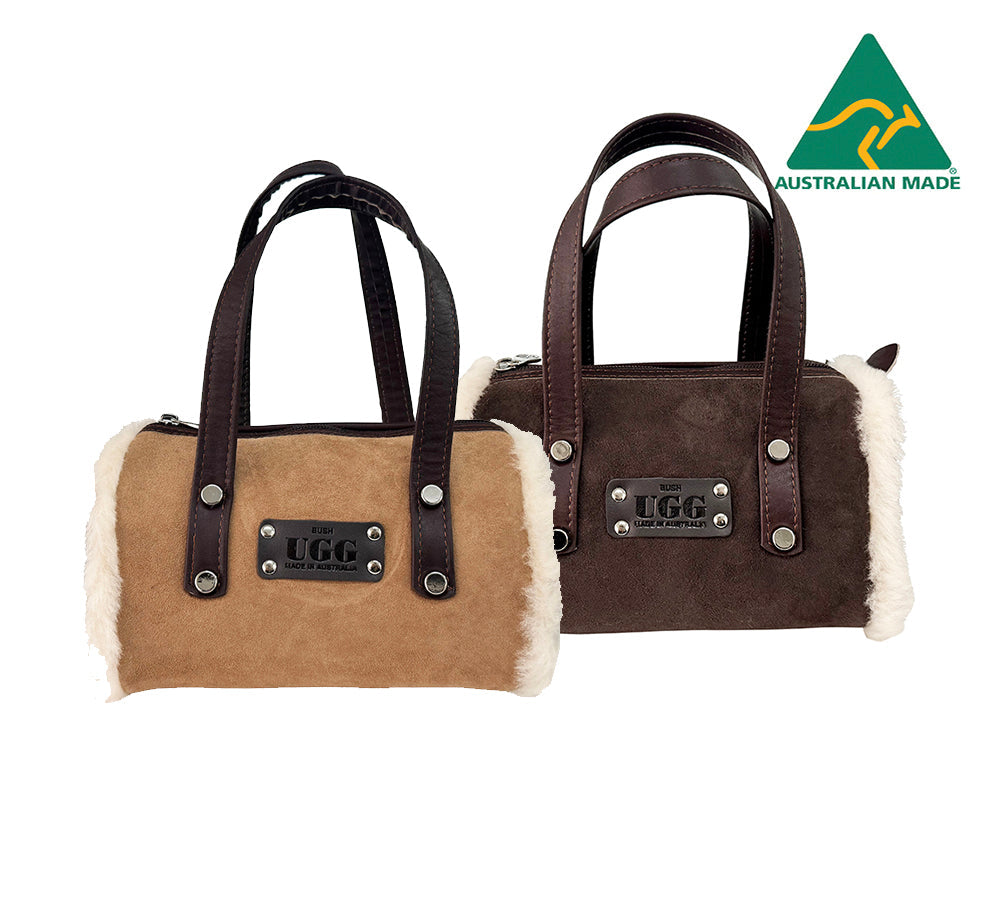 Women Sheepskin Wool Small Hand Carry Zip Barrell Bag