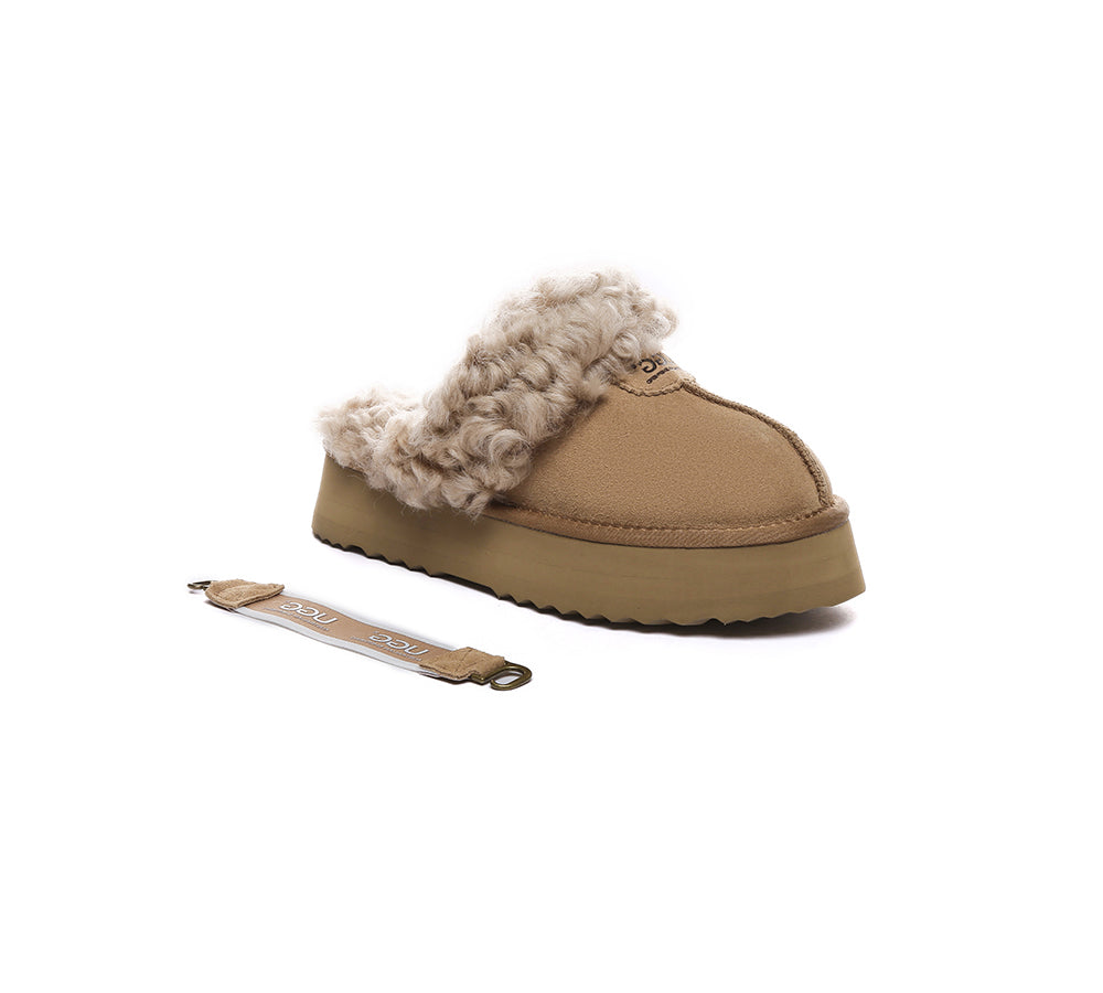 AUSTRALIAN SHEPHERD® UGG Slippers Women Removable Wool Strap Slingback Platform Waffle Curly