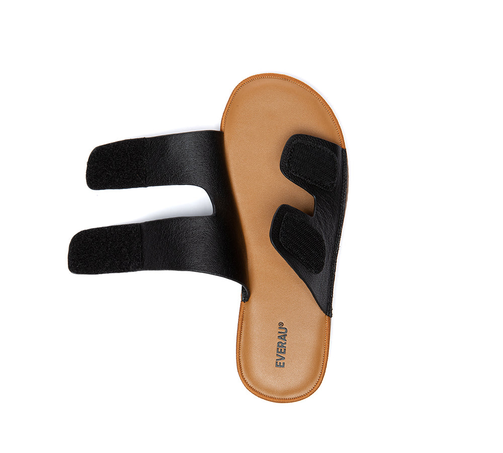 EVERAU® Women Slides Leather Ultra Soft Double Strap Flat Cova EVERAU