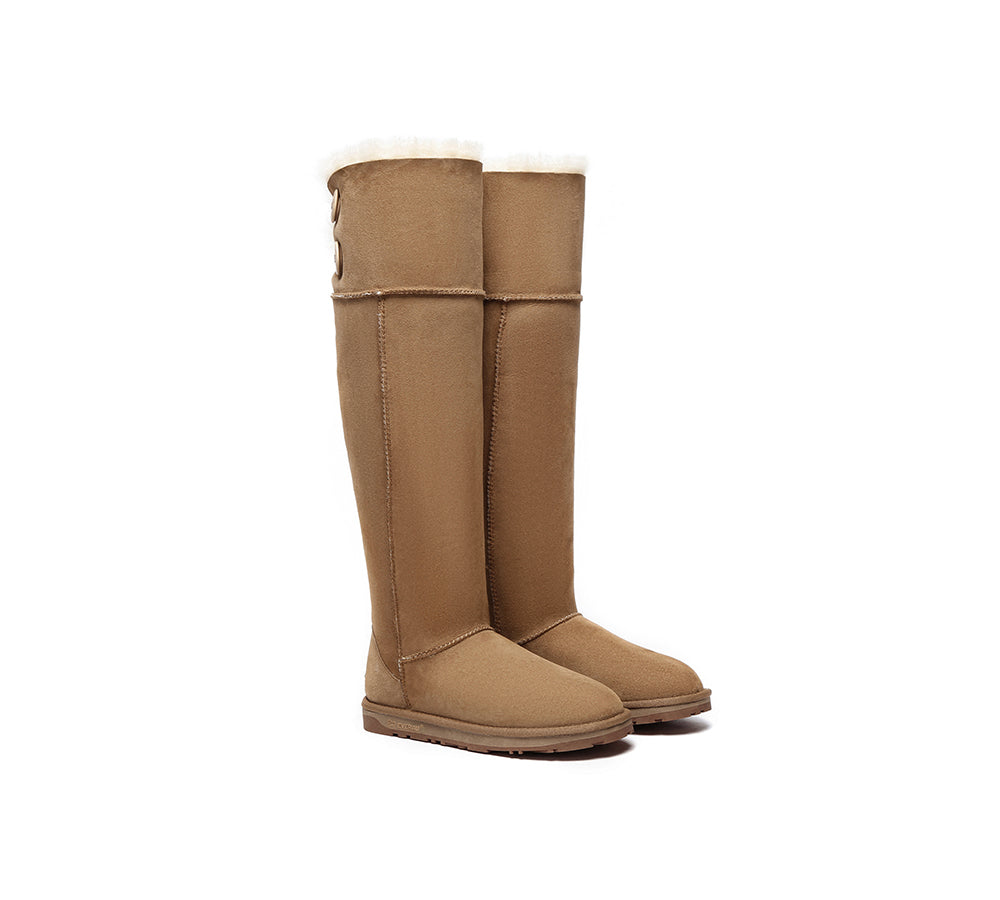 EVERAU® UGG Boots Double Faced Sheepskin Wool Tall Button Over-Knee Jenner