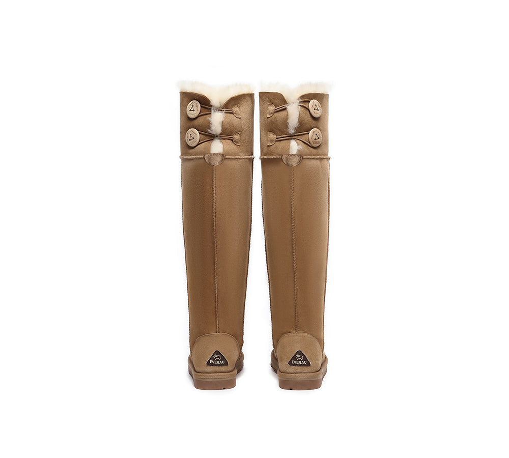 EVERAU® UGG Boots Double Faced Sheepskin Wool Tall Button Over-Knee Jenner