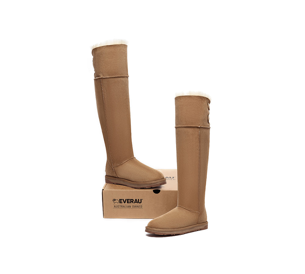 EVERAU® UGG Boots Double Faced Sheepskin Wool Tall Button Over-Knee Jenner