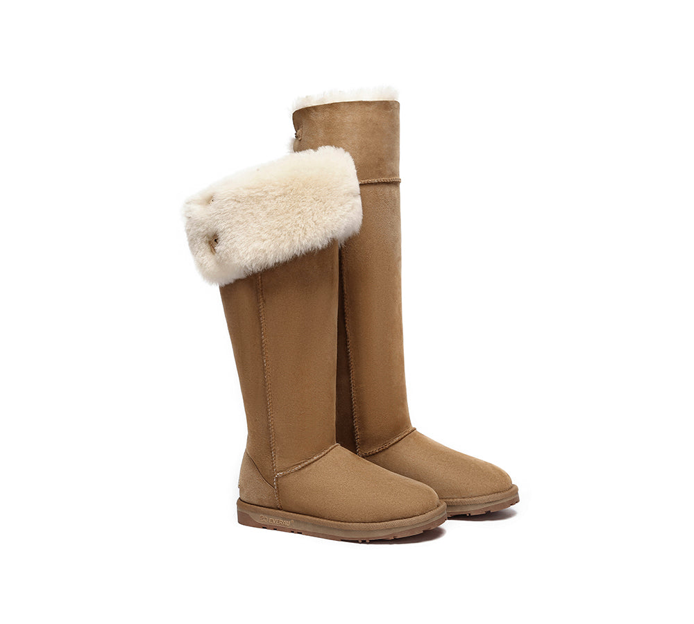 EVERAU® UGG Boots Double Faced Sheepskin Wool Tall Button Over-Knee Jenner