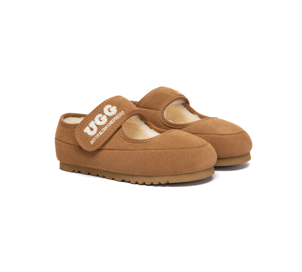AUSTRALIAN SHEPHERD® UGG Slippers Kids Sheepskin Wool Adjustable Strap Mary Jane Velvi