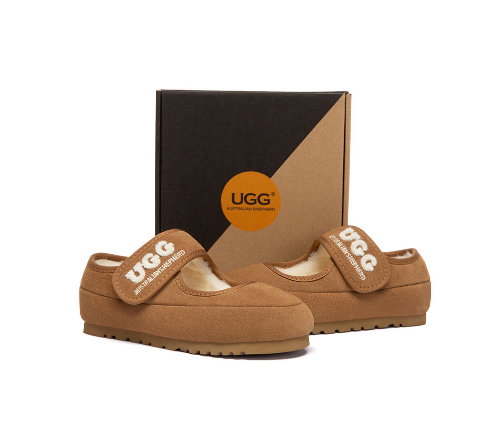 AUSTRALIAN SHEPHERD® UGG Slippers Kids Sheepskin Wool Adjustable Strap Mary Jane Velvi