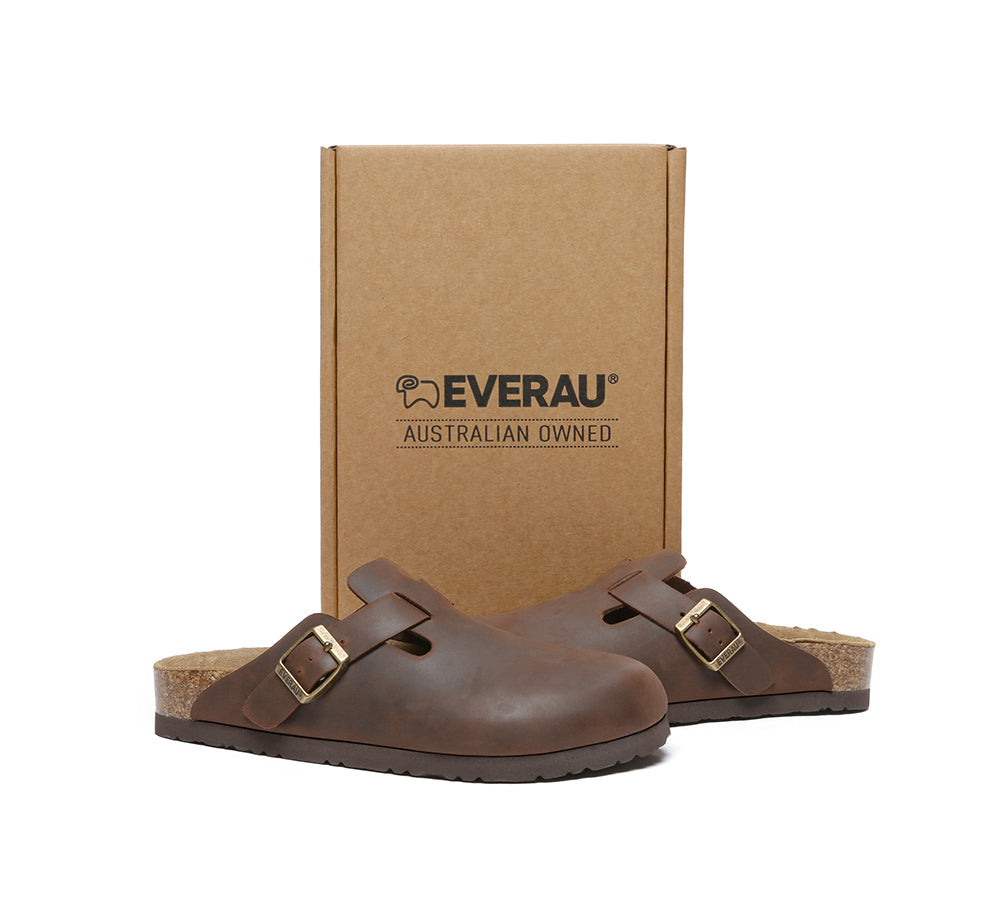 EVERAU® Women Leather Adjustable Buckled Straps Slip-on Flat Sandal Slides Brooklyn