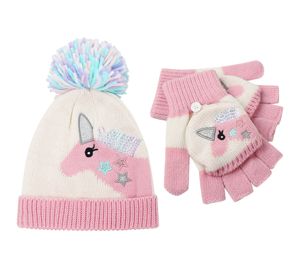 Hats - Kids Knit Unicorn Beanie & Gloves Set