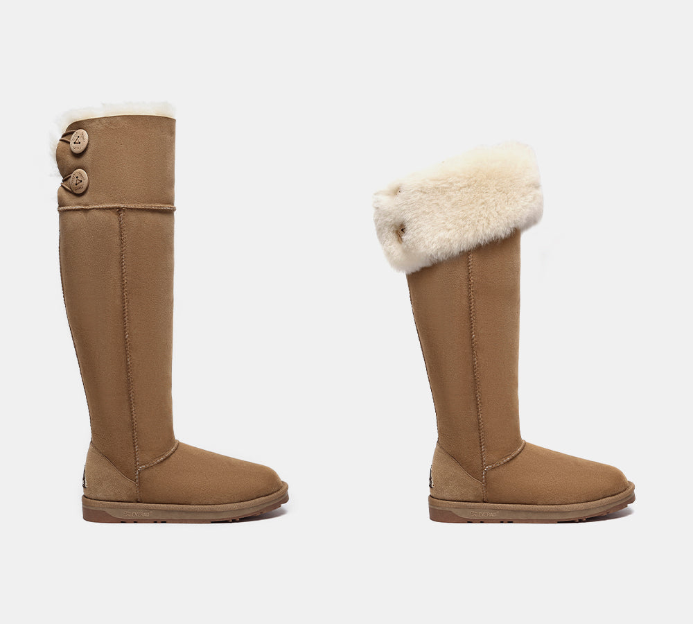 EVERAU® UGG Boots Double Faced Sheepskin Wool Tall Button Over-Knee Jenner