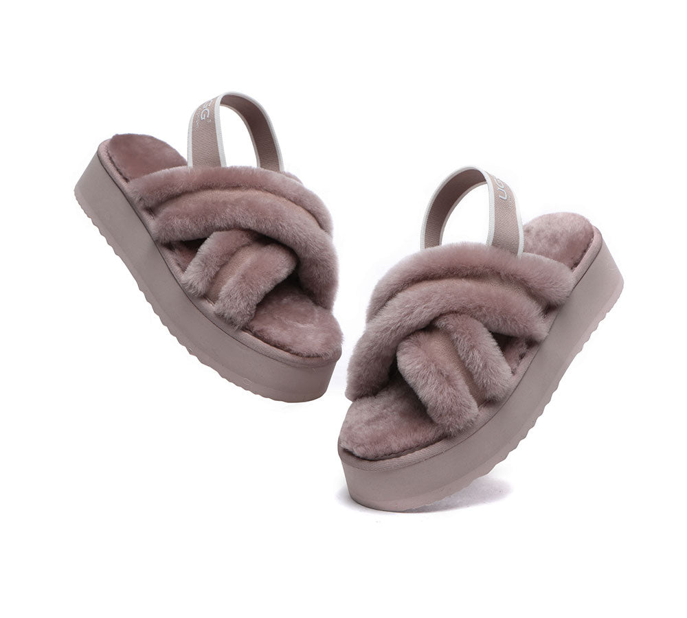 AUSTRALIAN SHEPHERD® UGG Women High Platform Cross-over Fluffy Slides Aditi