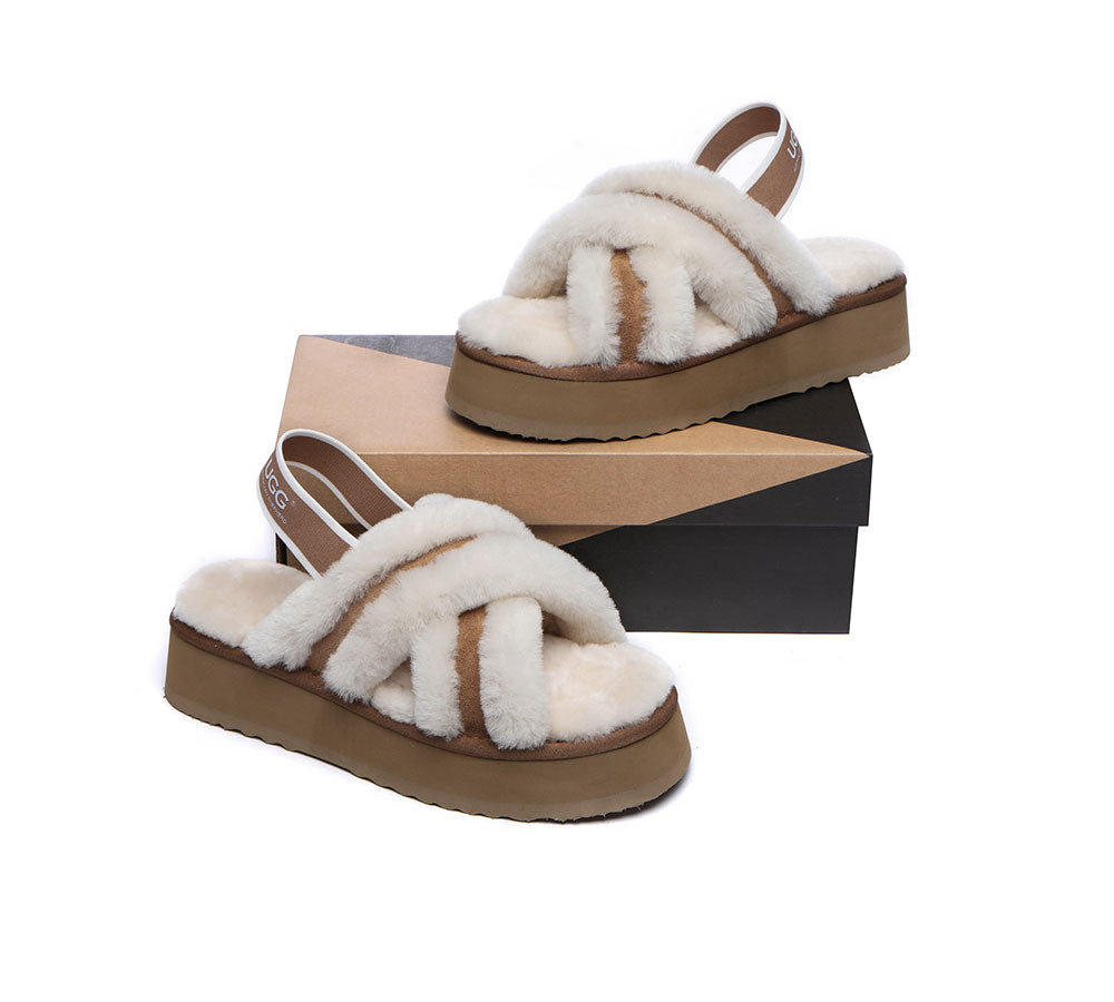 AUSTRALIAN SHEPHERD® UGG Women High Platform Cross-over Fluffy Slides Aditi