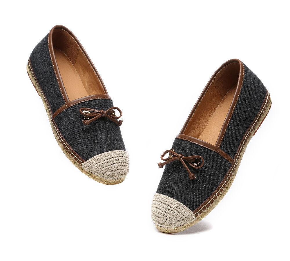 EVERAU® Women Leather Slip-on Bow Flat Espadrilles Esther