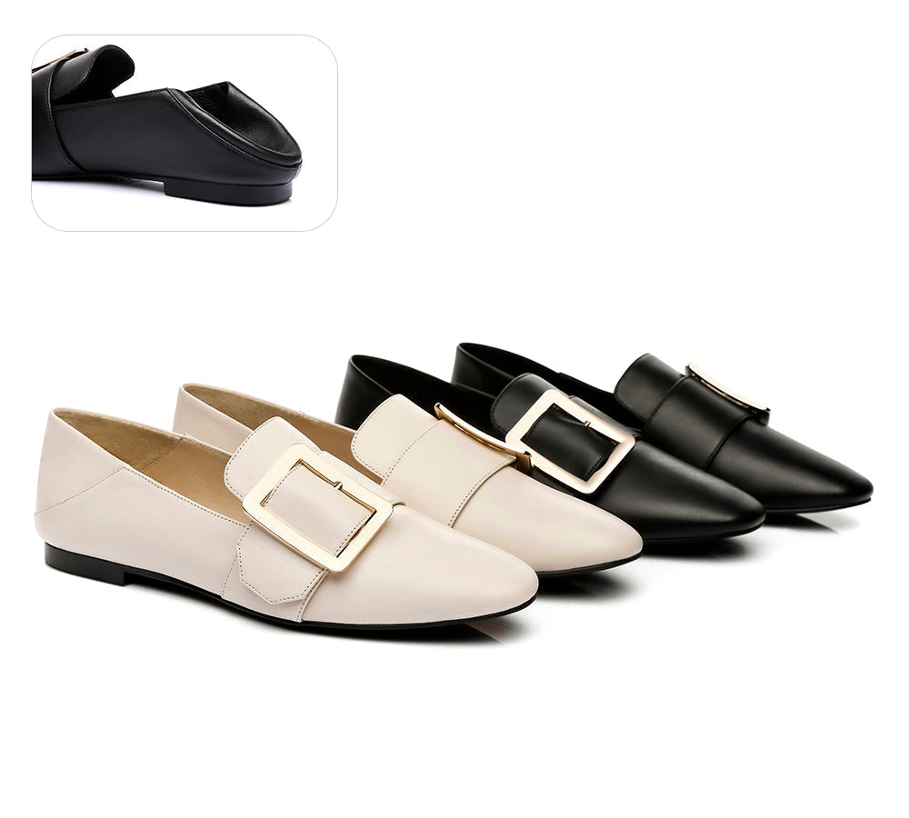 Women Leather Loafers Square Buckle Almond Toe Flats Sally