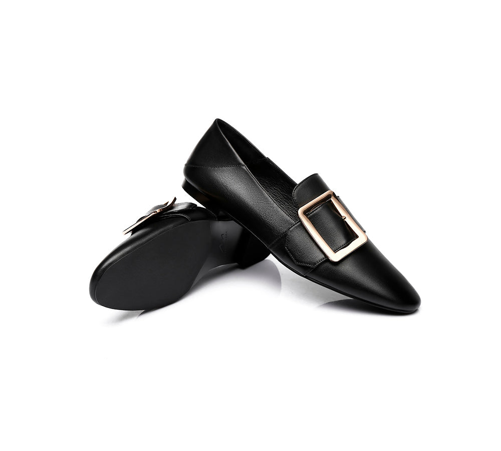 Women Leather Loafers Square Buckle Almond Toe Flats Sally