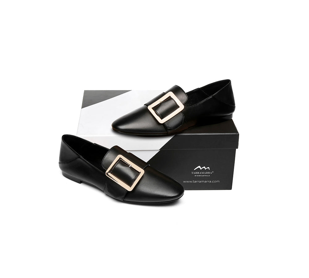 Women Leather Loafers Square Buckle Almond Toe Flats Sally