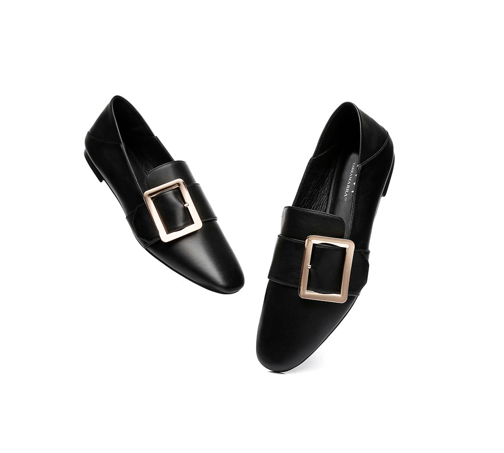 Women Leather Loafers Square Buckle Almond Toe Flats Sally