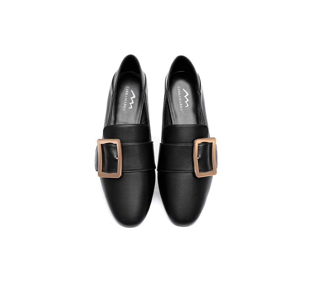 Women Leather Loafers Square Buckle Almond Toe Flats Sally