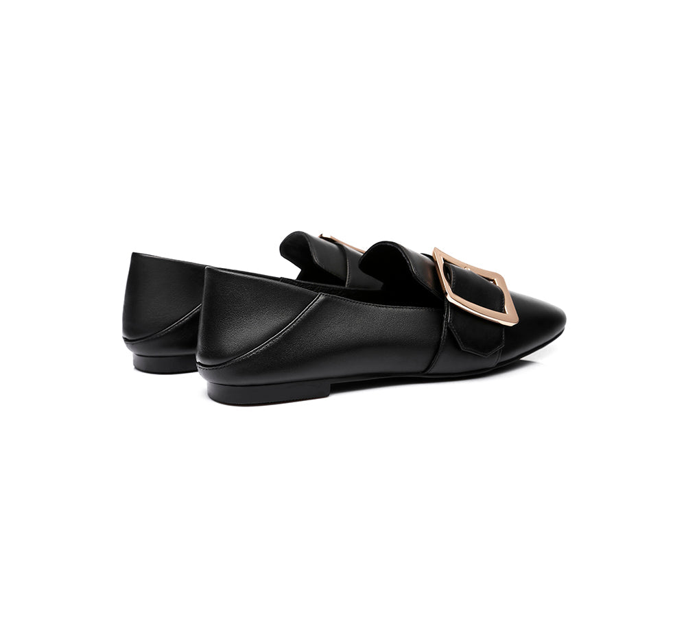 Women Leather Loafers Square Buckle Almond Toe Flats Sally