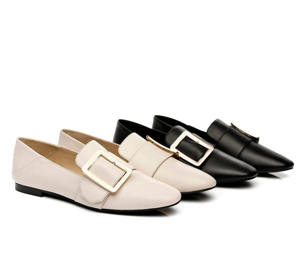 Women Leather Loafers Square Buckle Almond Toe Flats Sally