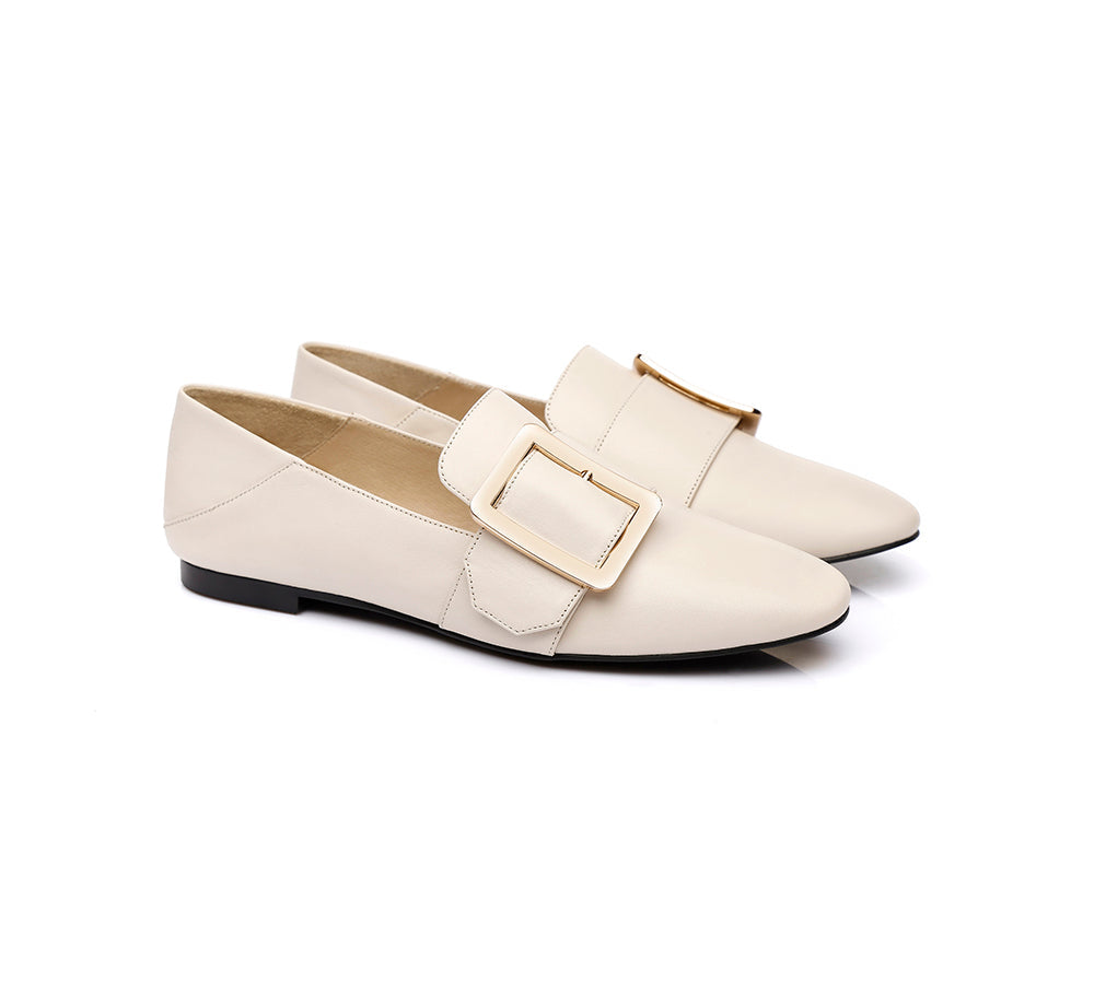 Women Leather Loafers Square Buckle Almond Toe Flats Sally