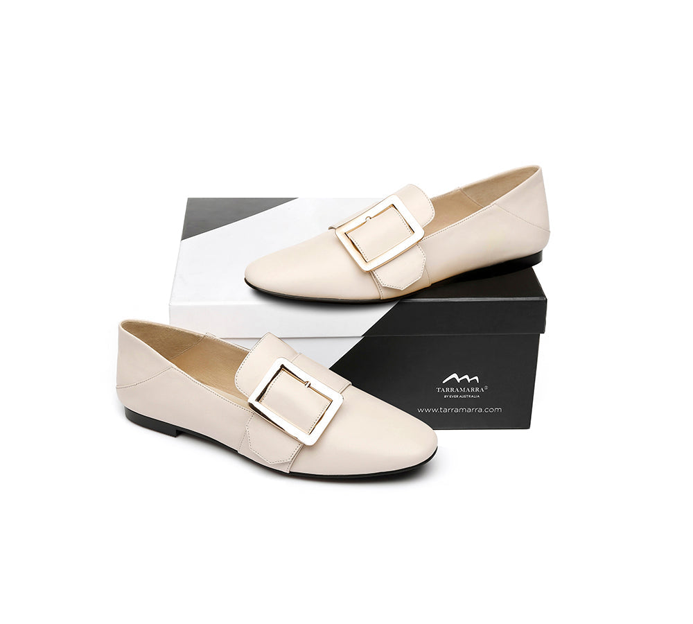 Women Leather Loafers Square Buckle Almond Toe Flats Sally