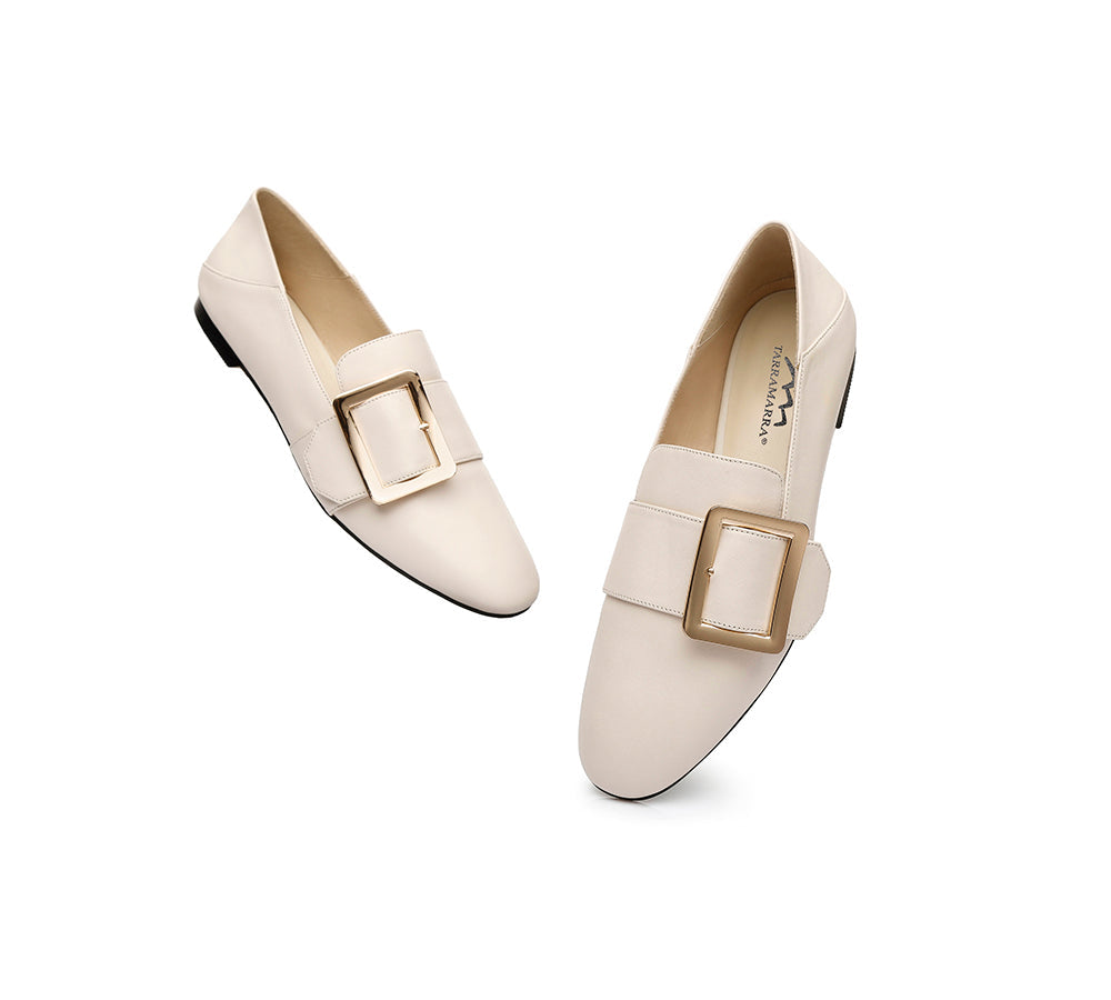 Women Leather Loafers Square Buckle Almond Toe Flats Sally