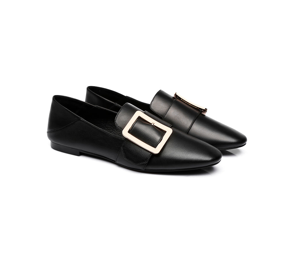 Women Leather Loafers Square Buckle Almond Toe Flats Sally