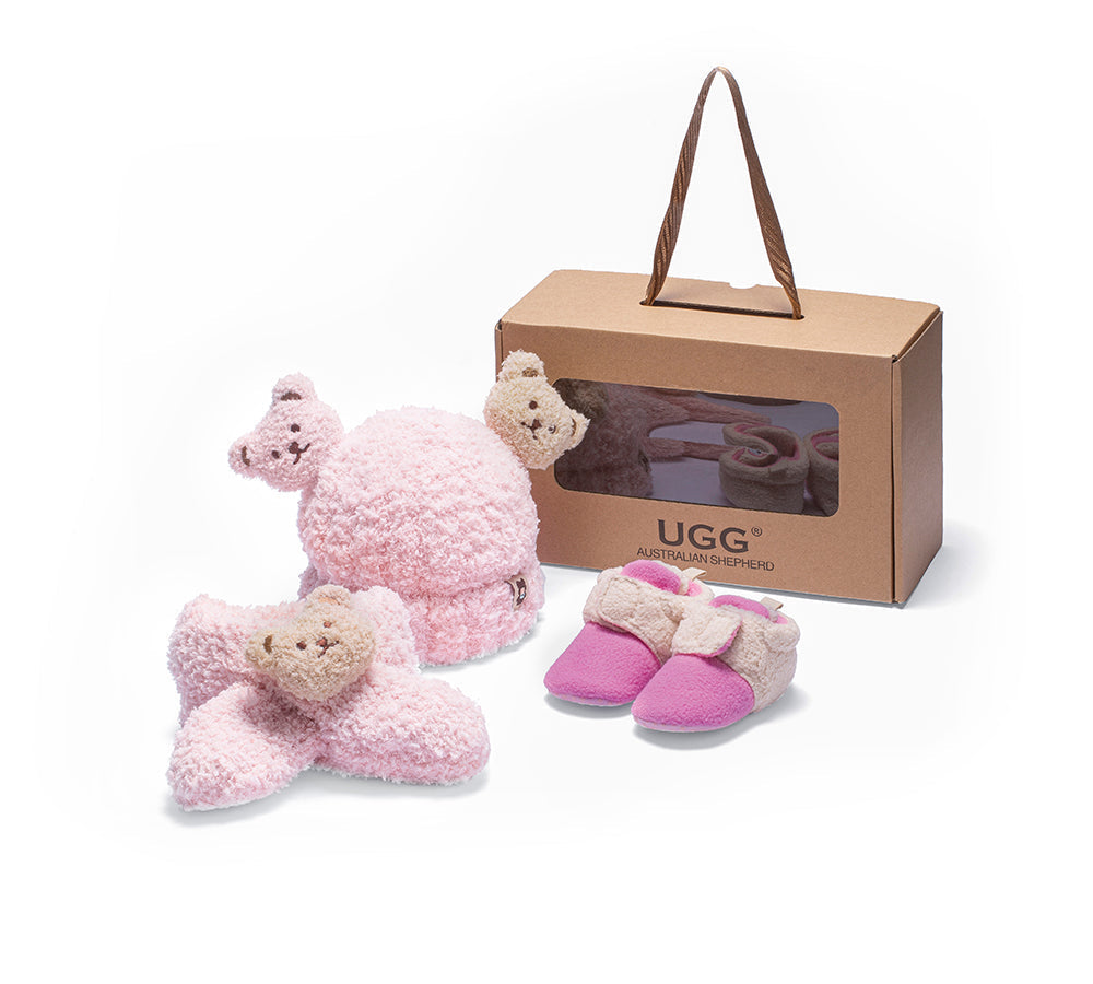 AUSTRALIAN SHEPHERD® Baby Booties Gift Set with Shearling Bear Beanie and Scarf
