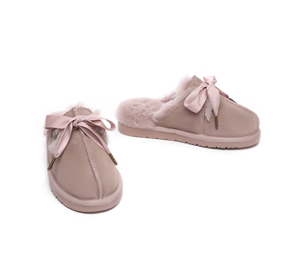 AUSTRALIAN SHEPHERD® UGG Slippers Women Sheepskin Wool Ribbon Bow Ruby