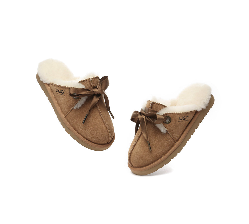 AUSTRALIAN SHEPHERD® UGG Slippers Women Sheepskin Wool Ribbon Bow Ruby